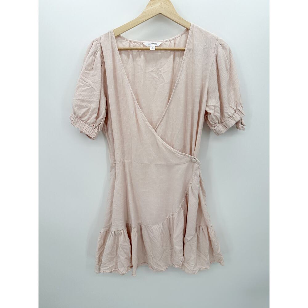 Blush Pink Wrap Dress Womens Puff Sleeve Ruffle Hem Romantic Boho Cottagecore M